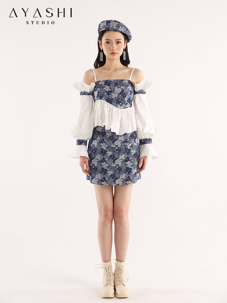 Blue Floral Jacquard Pleated Wave Balloon Sleeve Top