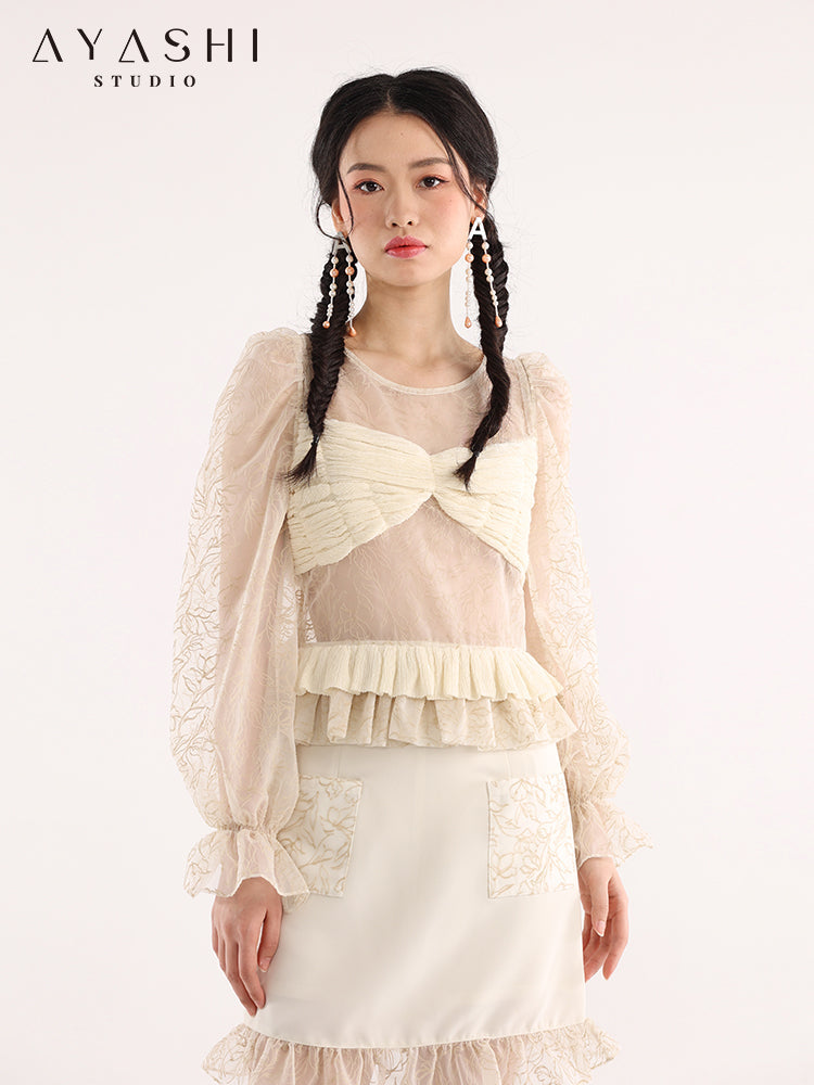 Cream Flocked Puff Sleeve Ruched Top