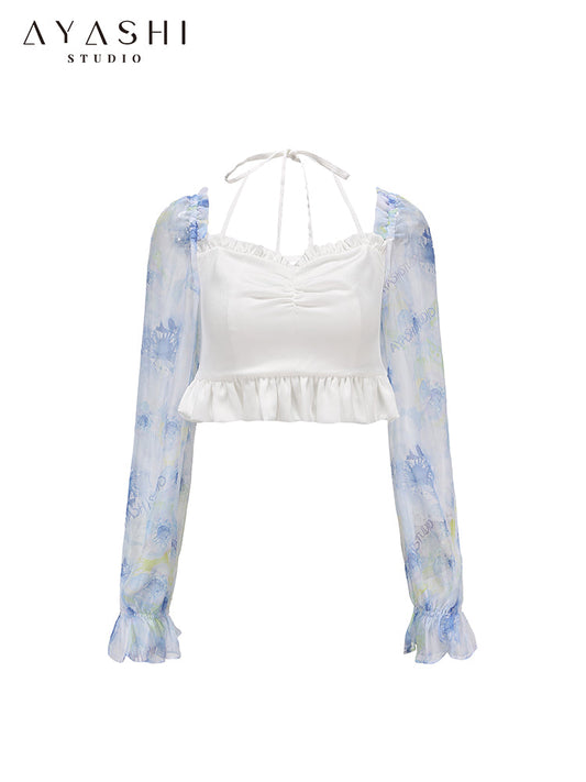 Blue Printed Chiffon Balloon Sleeve Top