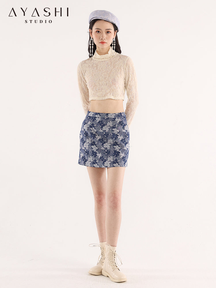 Blue Floral Jacquard A-Line Skirt