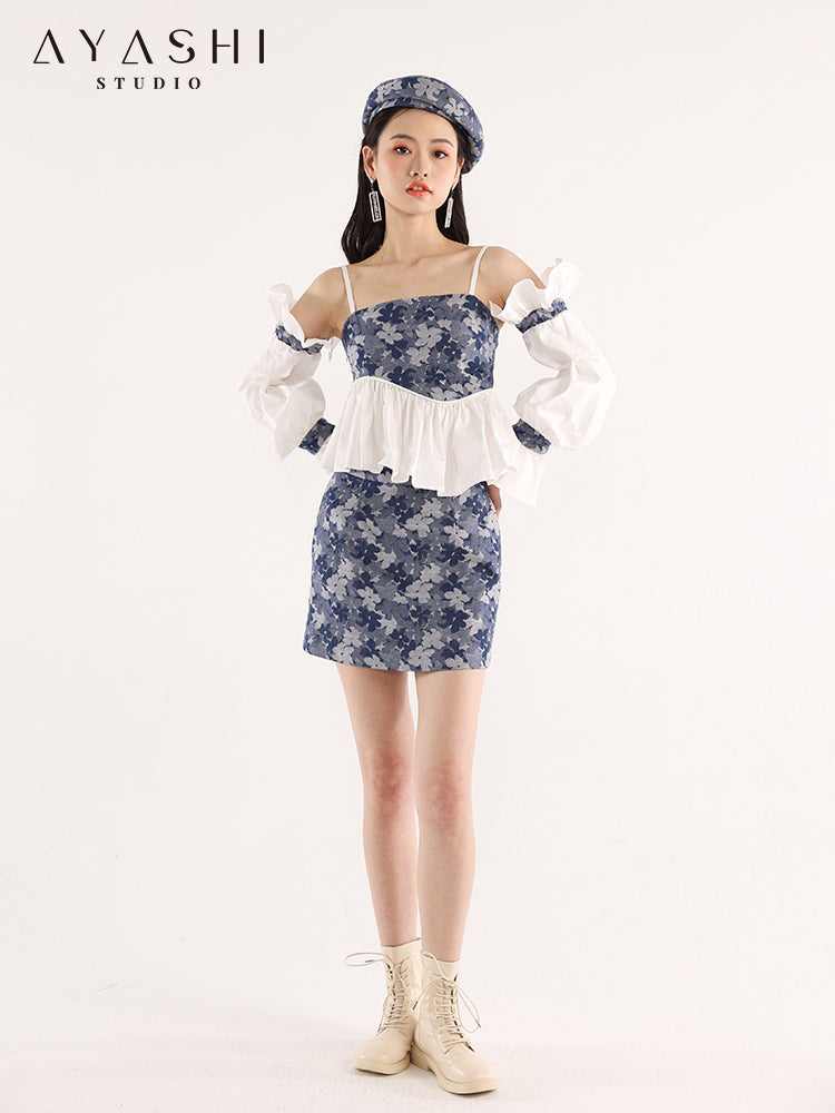 Blue Floral Jacquard Pleated Wave Balloon Sleeve Top