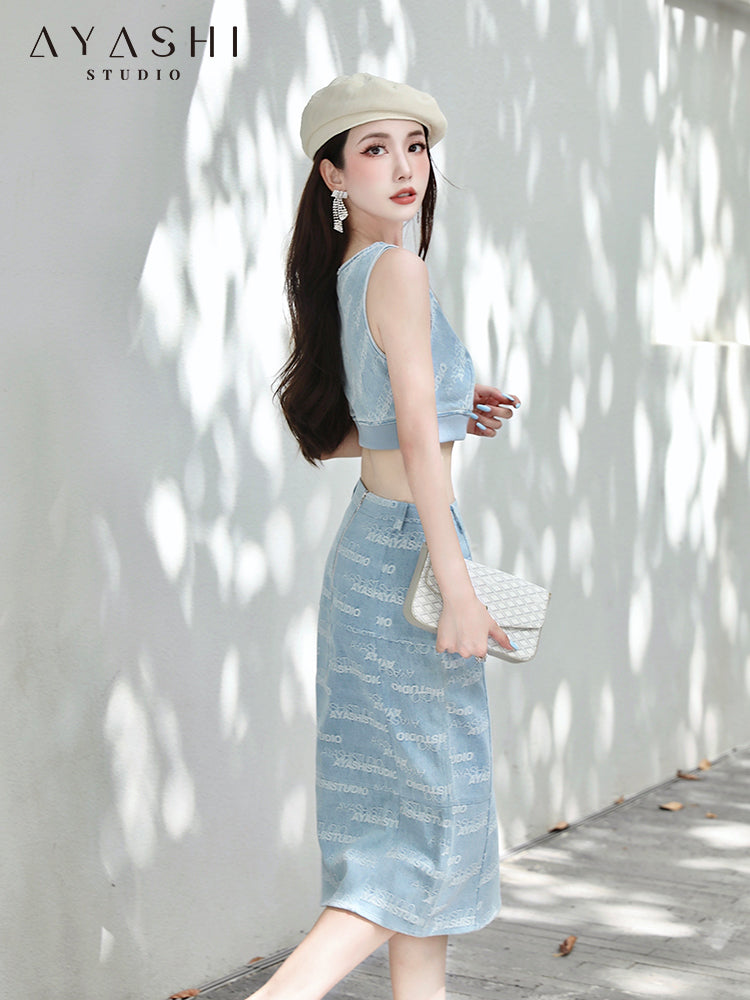 Alphabet Jacquard Light Blue Denim Mermaid Skirt