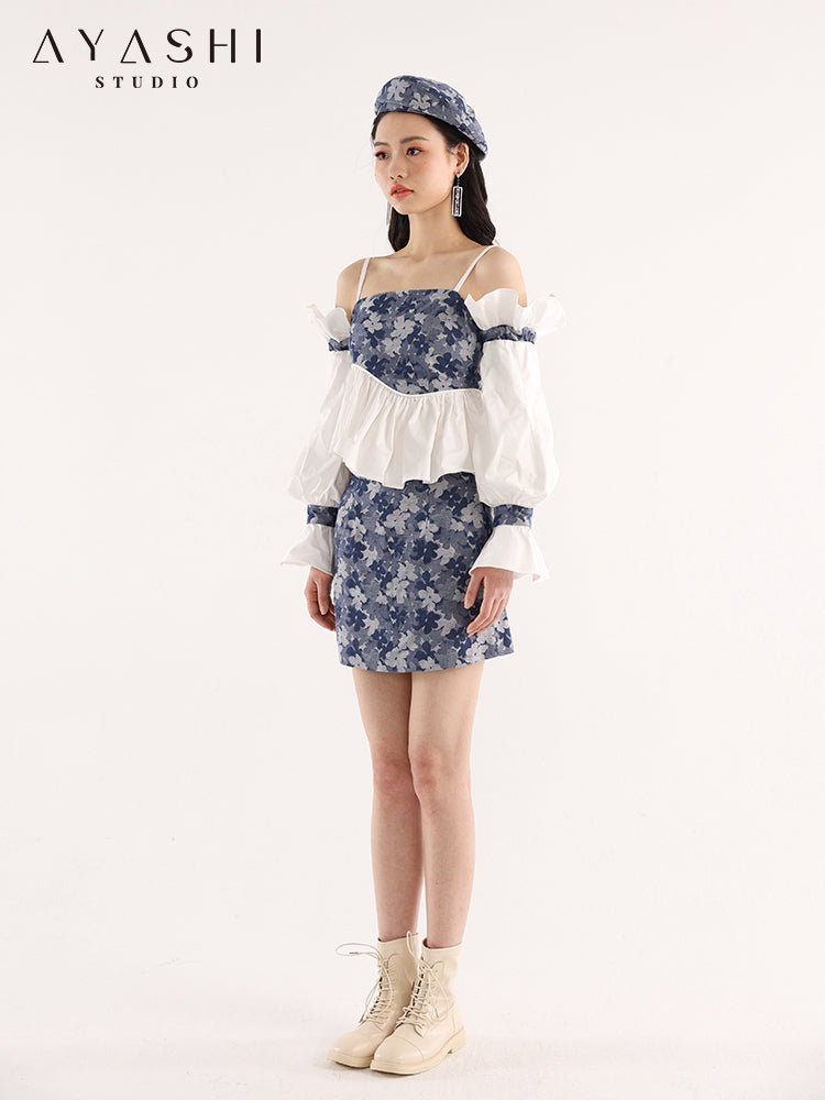 Blue Floral Jacquard Pleated Wave Balloon Sleeve Top