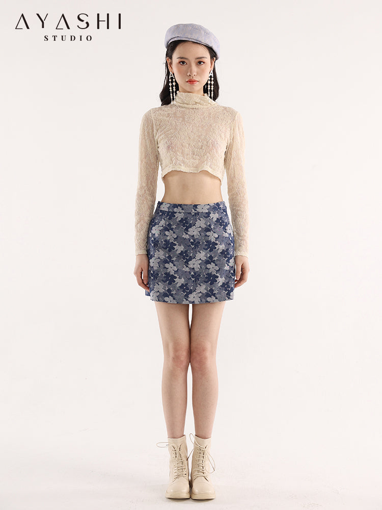 Blue Floral Jacquard A-Line Skirt