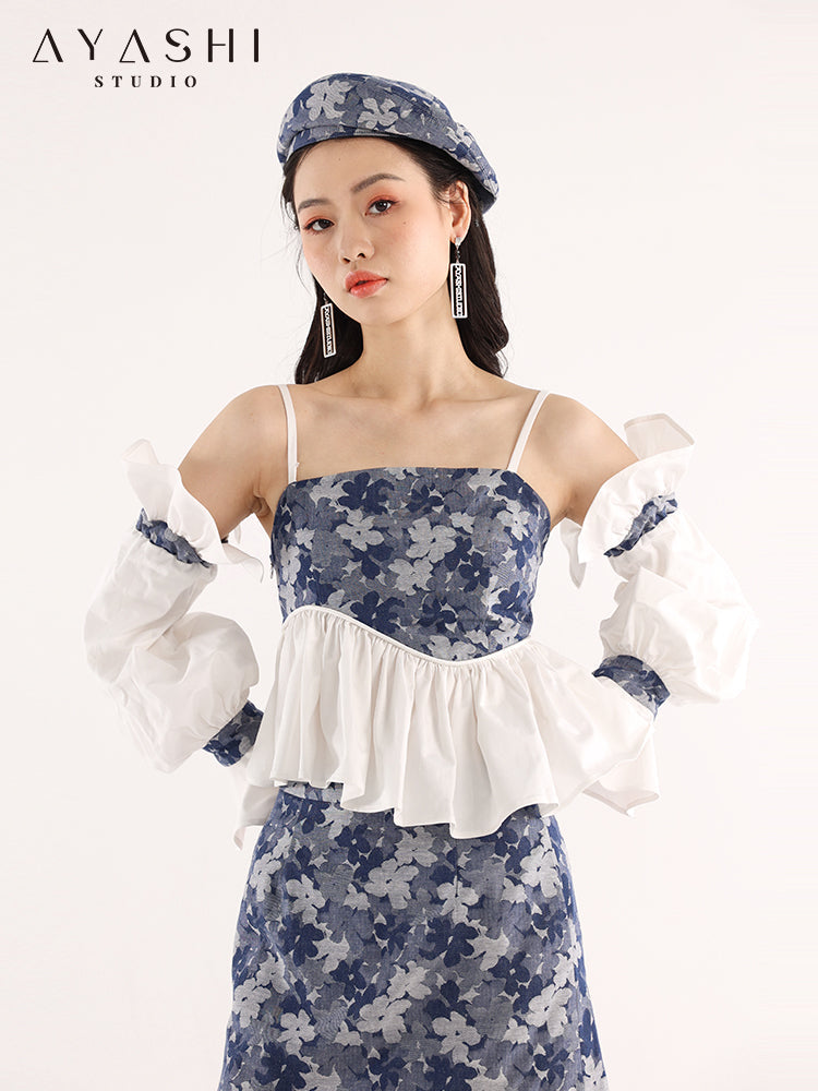 Blue Floral Jacquard Pleated Wave Balloon Sleeve Top