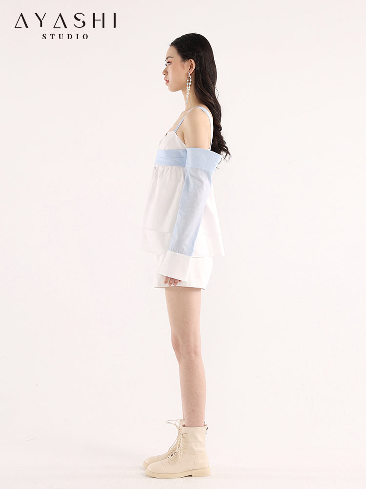 Blue and White Patchwork Design Sling Top