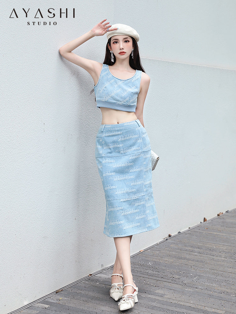 Alphabet Jacquard Light Blue Denim Mermaid Skirt