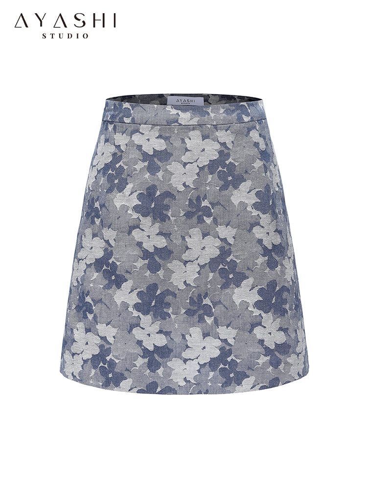 Blue Floral Jacquard A-Line Skirt