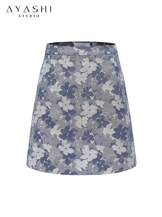 Blue Floral Jacquard A-Line Skirt