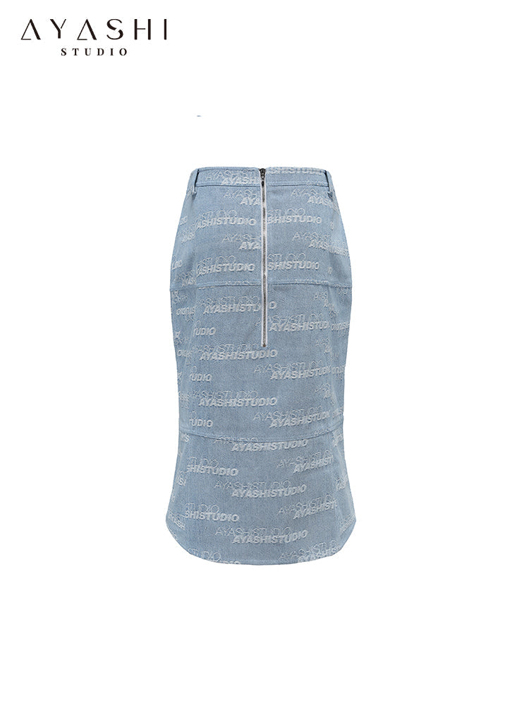 Alphabet Jacquard Light Blue Denim Mermaid Skirt