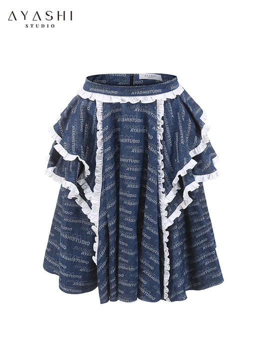 Alphabet Jacquard Ruffled Denim Skirt