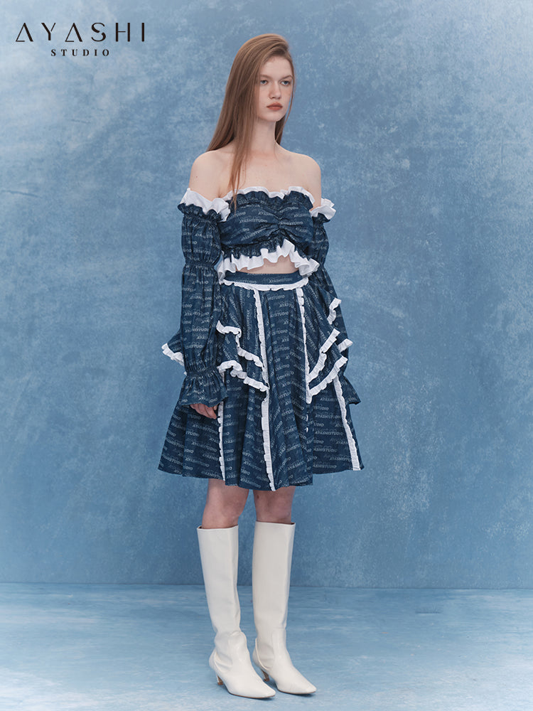 Alphabet Jacquard Ruffled Denim Skirt