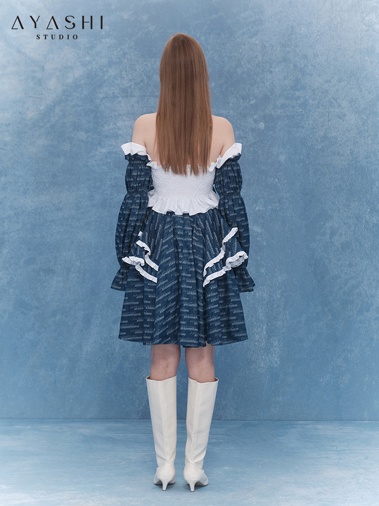 Alphabet Jacquard Ruffled Denim Skirt